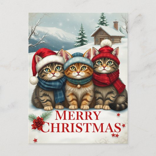 Cats in Preppy Winter Attire and Hats Christmas シーズンポストカード (正面)