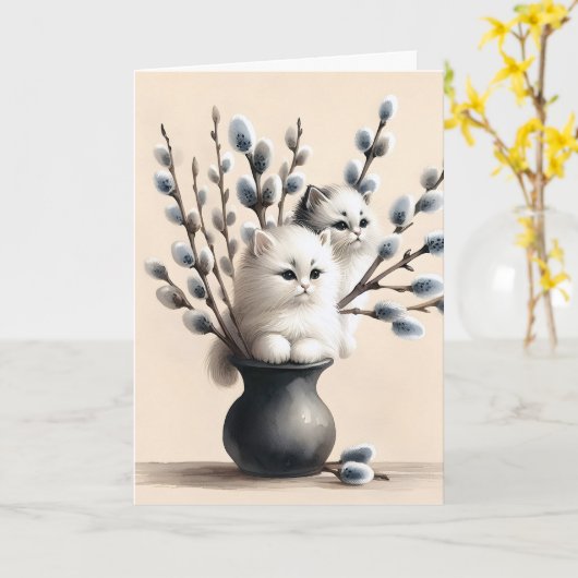 Cats in Pussy Willows誕生日 カード (黄色い花)