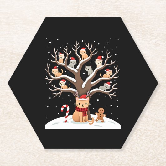 Cats In Snow Tree Winter Christmas Santa Hat X-mas ペーパーコースター (正面)