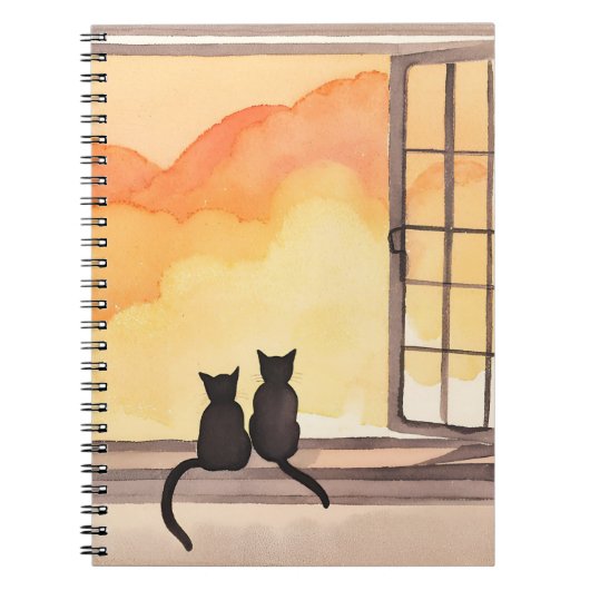 Cats in Window | Sunset Watercolor Silhouette ノートブック (正面)