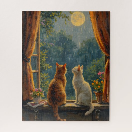 Cats looking at the moon and rain ジグソーパズル (縦)