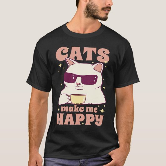 Cats Make Me Happy Cool Coffee Cat Tシャツ (正面)