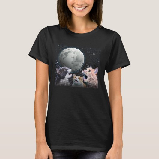 Cats Meowling At Moon Cat   Space Kitten Joke Tシャツ (正面)