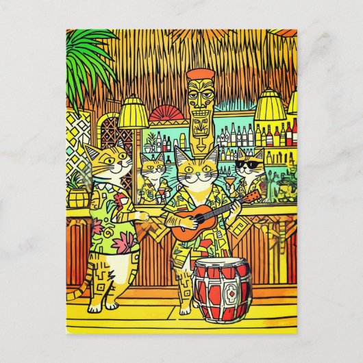 Cats on an Island Vacation in a Tiki Bar ポストカード (正面)