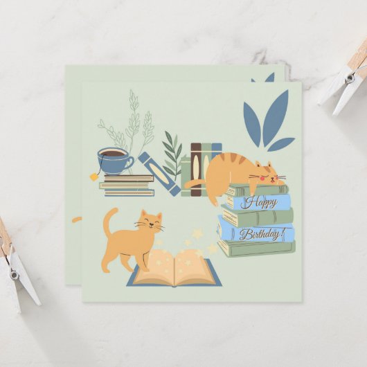 Cats on Books誕生日 カード (正面/裏面インサイチュ)