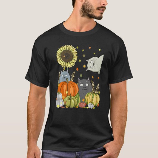 Cats & Pumpkin Sunflower Fall Cat Thanksgiving Tシャツ (正面)