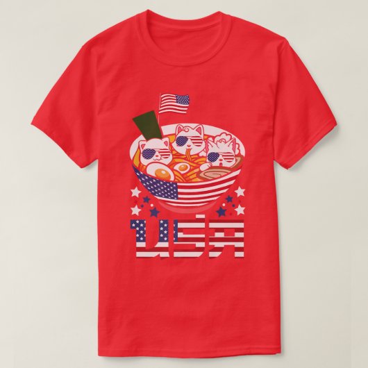 Cats Ramen Anime American Flag USA 4th of July shi Tシャツ (デザイン正面)