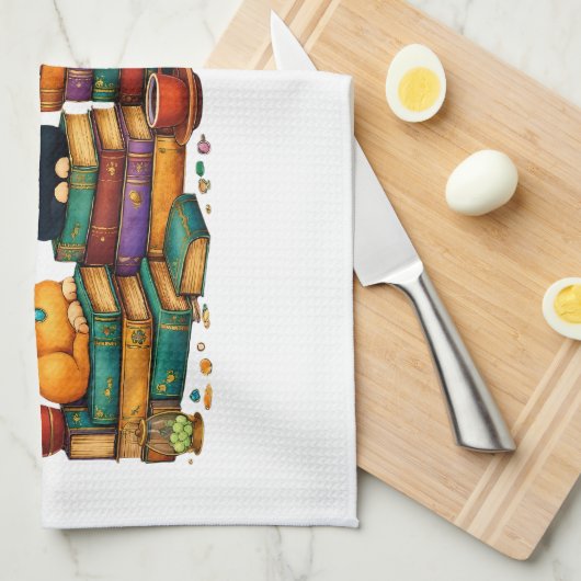 Cats Reading Books Cozy Library Scene キッチンタオル (四つ折り)