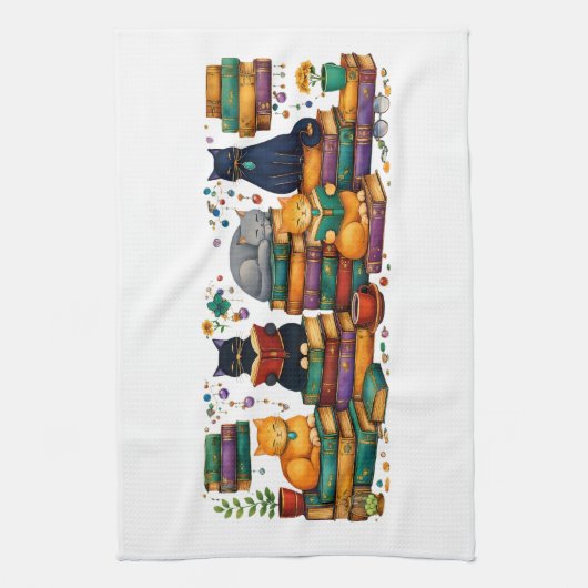 Cats Reading Books Cozy Library Scene キッチンタオル (縦)