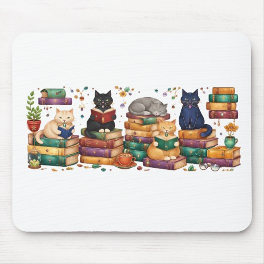 Cats Reading Books Cozy Library Scene マウスパッド (正面)