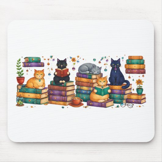 Cats Reading Books Cozy Library Scene マウスパッド (正面)