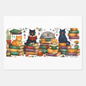 Cats Reading Books Cozy Library Scene ラッピングペーパーシート (正面2)