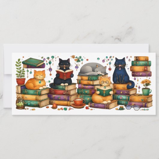 Cats Reading Books Cozy Library Scene 招待状 (正面)