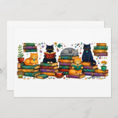 Cats Reading Books Cozy Library Scene 招待状 (正面/裏面)