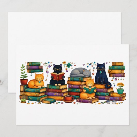 Cats Reading Books Cozy Library Scene 招待状 (正面/裏面)