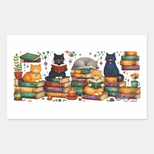 Cats Reading Books Cozy Library Scene 長方形シール (正面)