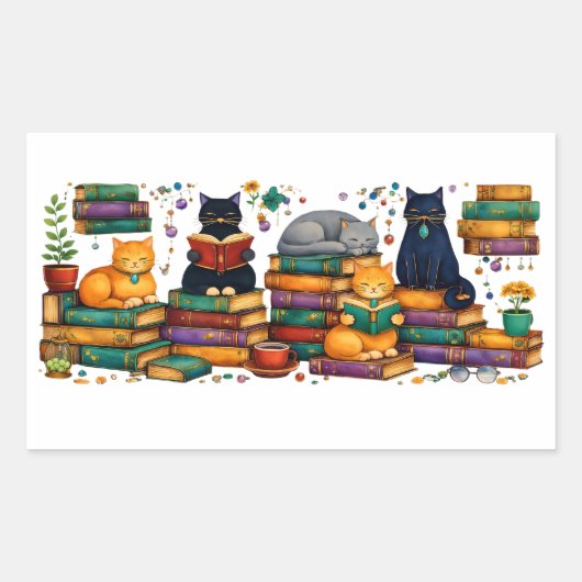 Cats Reading Books Cozy Library Scene 長方形シール (正面)