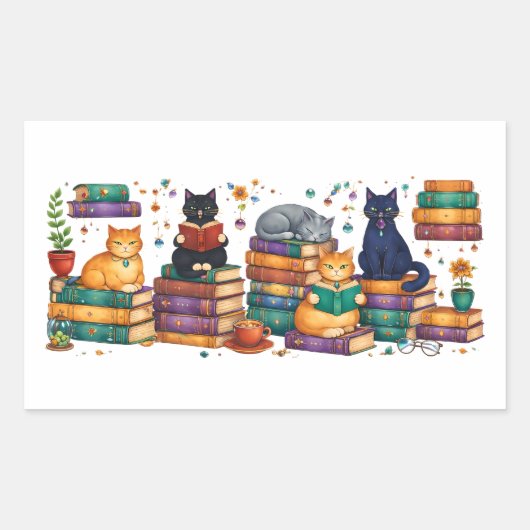 Cats Reading Books Cozy Library Scene 長方形シール (正面)