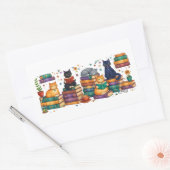 Cats Reading Books Cozy Library Scene 長方形シール (封筒)