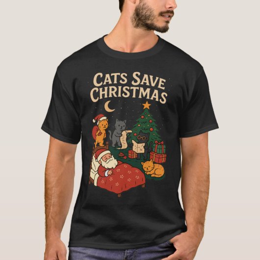 Cats Save Christmas Funny Santa Cat Holiday T-Shir Tシャツ (正面)