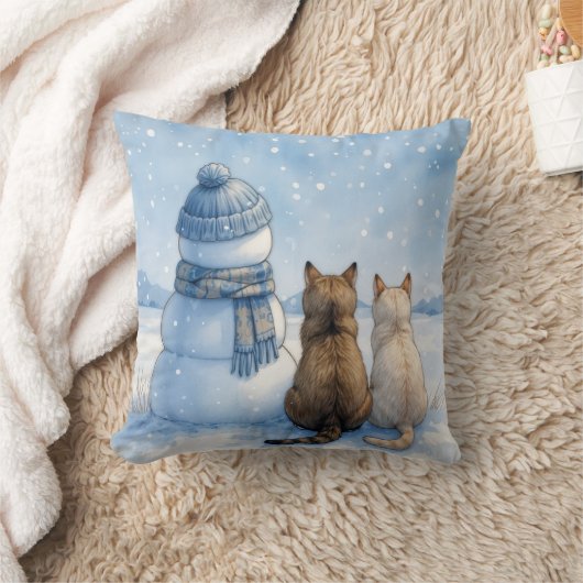 Cats Sitting With a Snowman In a Field クッション (ブランケット)