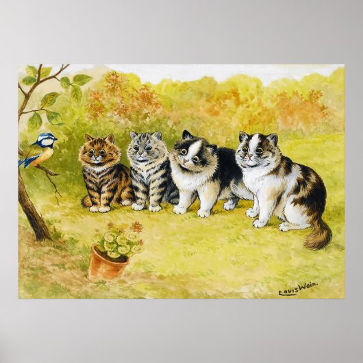 Cats Staring at a Little Bird, Louis Wain ポスター (正面)