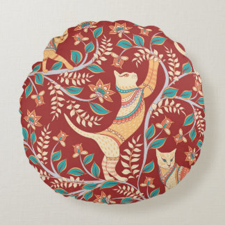 Cats with ornaments,branches with flowers and leav ラウンドクッション