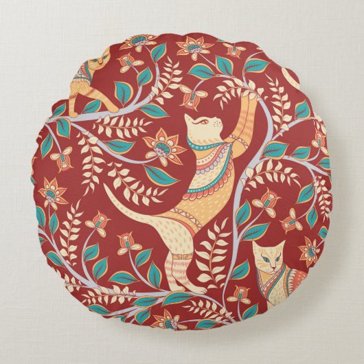 Cats with ornaments,branches with flowers and leav ラウンドクッション (正面)