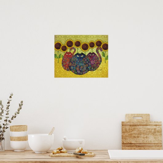 cats with sunflowers canvas print ポスター (キッチン)