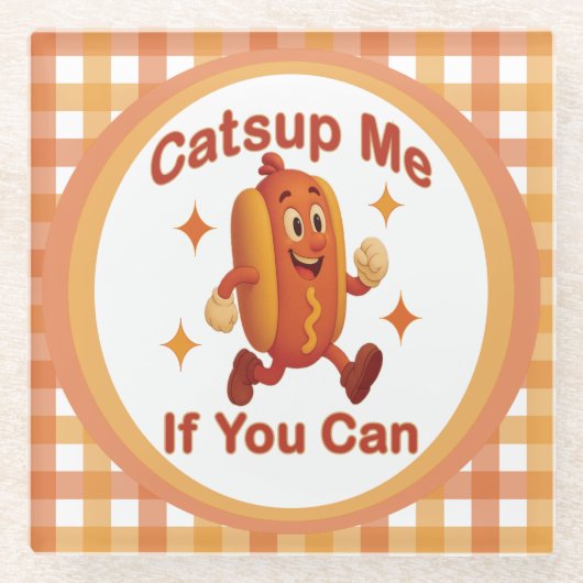 Catsup私もしはホットドッグおもしろいが出来る – Ketchup Pun ガラスコースター (正面)
