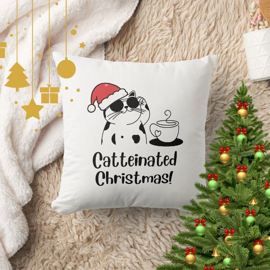 Catteinated Christmas Coffee and Cat Lover Holiday クッション