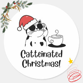 Catteinated Christmas Coffee and Cat Lover Holiday ラウンドシール