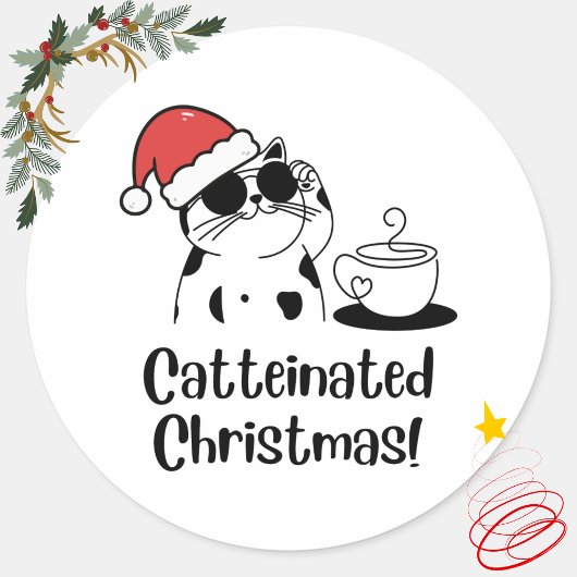 Catteinated Christmas Coffee and Cat Lover Holiday ラウンドシール
