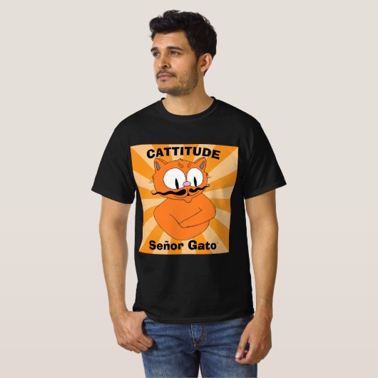 CATTITUDEセニョールGato™漫画の口ひげ猫 Tシャツ (正面フル)