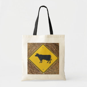 Cattke Crossing Sign on Baled Hay Background トートバッグ