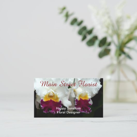 Cattleyaの蘭の白くおよび赤い花 名刺 (スタンド正面)