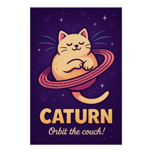 Caturn Space Cat Pun Poster Print ポスター (正面)