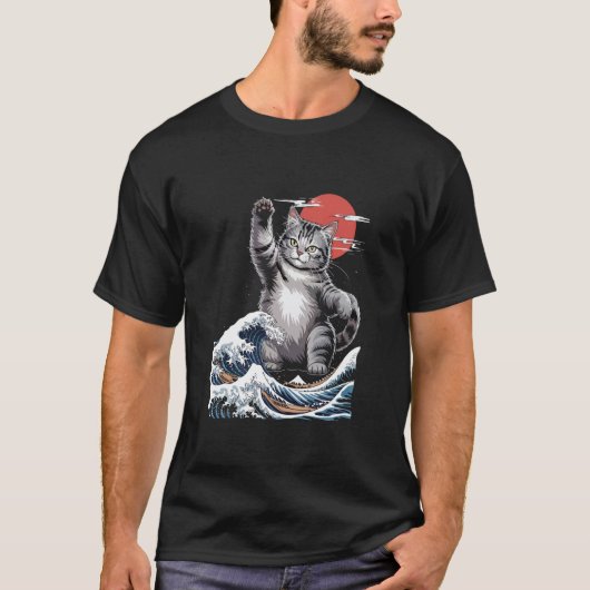 Catzillaグレートウェーブマッシュアップイラスト長袖 Tシャツ (正面)