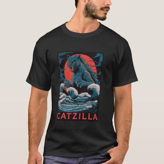 Catzillaモンスターキャットレトロな日本のかなり波神奈川 Tシャツ (正面)