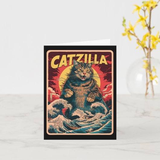 Catzilla 日本の Art Catおもしろいヴィンテージ カード (黄色い花)