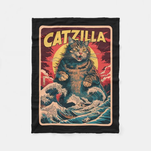Catzilla 日本の Art Catおもしろいヴィンテージ フリースブランケット (正面)