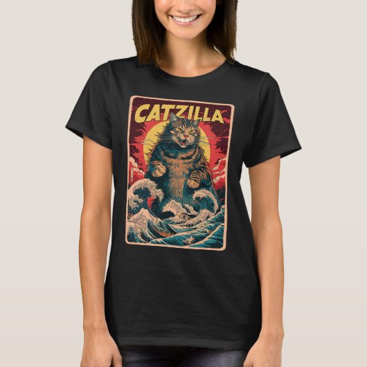 Catzilla 日本の Art Catおもしろいヴィンテージ Tシャツ (正面)