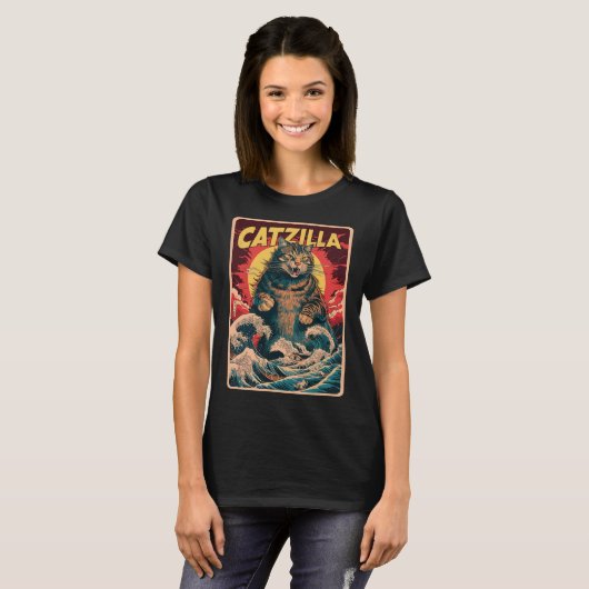 Catzilla 日本の Art Catおもしろいヴィンテージ Tシャツ (正面フル)