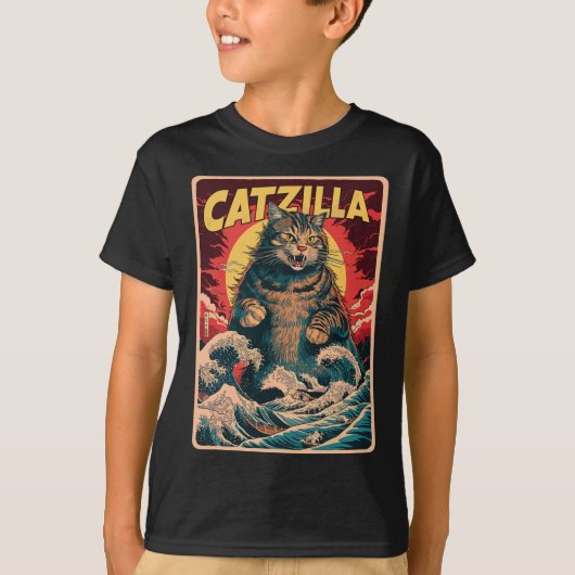 Catzilla 日本の Art Catおもしろいヴィンテージ Tシャツ (正面)