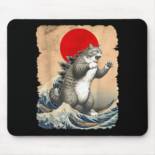 Catzilla Cat Japanese Art Funny Cat Meme For Men W マウスパッド (正面)