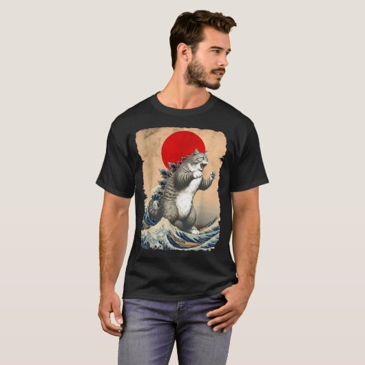 Catzilla Cat Japanese Art Funny Cat Meme For Men W Tシャツ (正面フル)