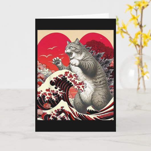 Catzilla Cat Valentine Japanese Art Funny Cat Gift カード (黄色い花)