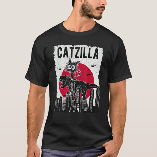 Catzilla Funny Retro Cat Kitten Riding T.Rex Lover Tシャツ (正面)