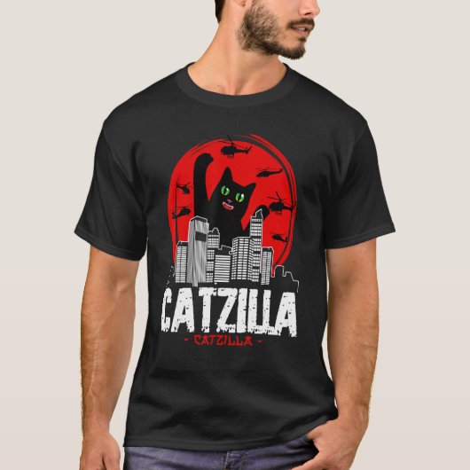 Catzilla Japanese Sunset fighting helicopter funny Tシャツ (正面)