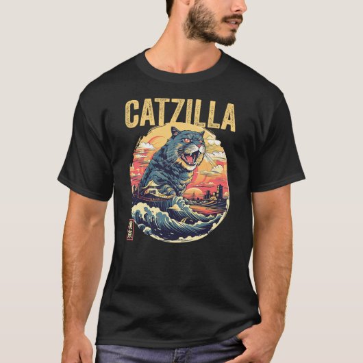 Catzilla Kaiju Cat Japanese Art Comic Anime Cat Ca Tシャツ (正面)
